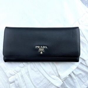 AUTHENTIC Prada Saffiano Lux Leather Logo Flap Continental Wallet. Black.